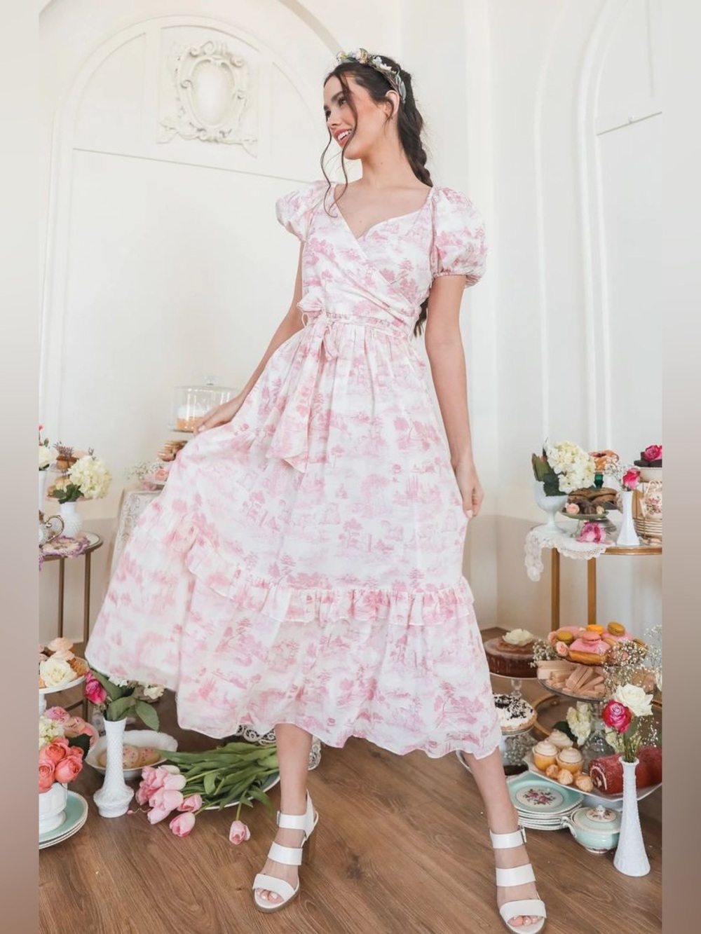 Ivy City Co Antoinette Maxi Dress Pink Toile Cotton Lace Up Medium EUC